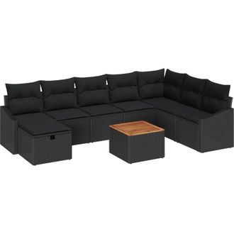 vidaXL Conjunto De Sof&aacute; De Jard&iacute;n Con Coj&iacute;n 9 Pcs Negro Polirat&aacute;n