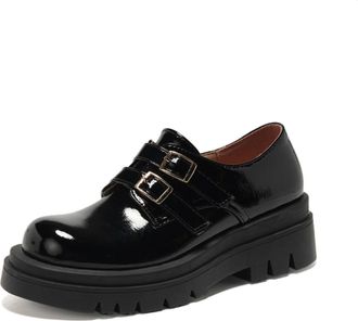 Generic Womens Loafers with Double Buckle Patent Upper Chunky Platform Round Toe Textured Sole Slip-On Casual and Dress Ready Design,Black,3.5 UK