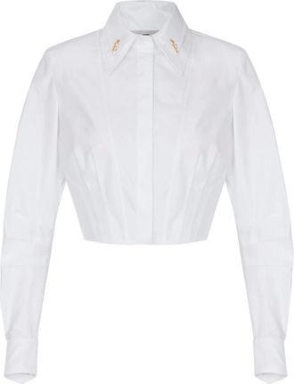 Elisabetta Franchi Cropped katoenen poplin overhemd met logodetails - Dames - Blouses & Shirts - Wit - Maat: L Katoen