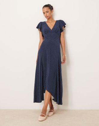 Nobody's Child Loubelle - Vestito midi blu navy a pois con volant sulle maniche