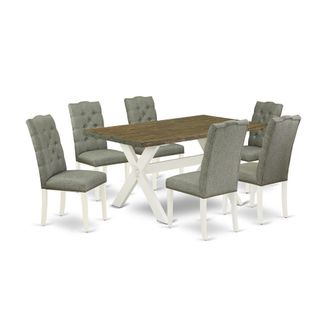 East West Furniture 7-Piece Modern Dining Table Set- 6 Parson Dining Chairs with Smoke Linen Fabric Seat and Button Tufted Chair Back