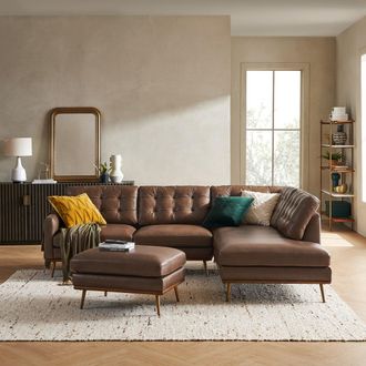 Castlery Brown Full Leather Right Chaise Sectional Sofa with Ottoman, Grid Tufted Cushion | Isaac by Castlery