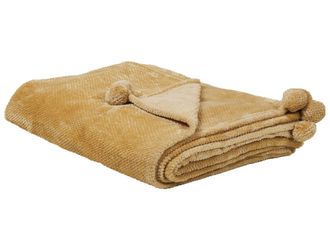 Beliani Coperta Poliestere Giallo Senape Morbida Con Pompons 200 X 220 Cm Saitler
