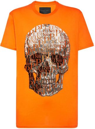Philipp Plein T-shirt Ronde Hals SS Skull and Plein met Kristallen - unisex - T-shirts - Oranje - M - Katoen - Tops