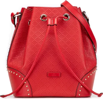 Gucci Red Leather Medium Diamante Calfskin Studded Bright Bucket Bag