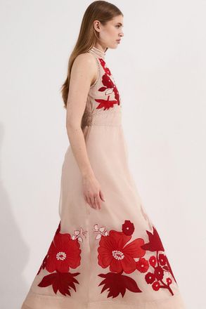 Karen Millen Womens Applique Organdie Buttoned Halter Neck Maxi Dress - Red - Size 10 UK
