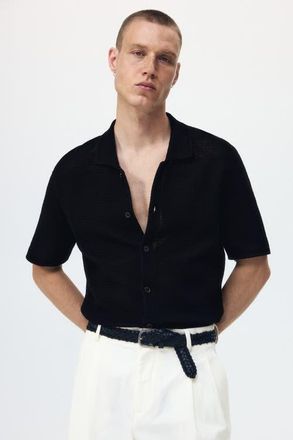 H&M Regular Fit Hole-knit Shirt in Black at Nordstrom, Size Xx-Large