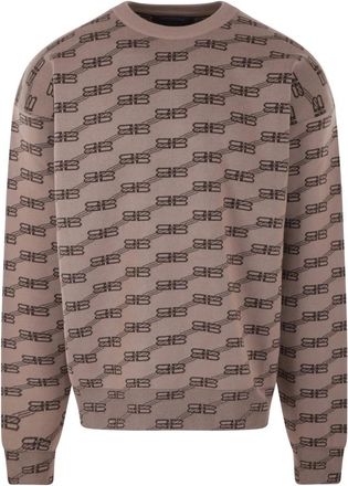 Balenciaga Oversized Sweater met BB Logo Jacquard - Heren - Ronde hals truien - Bruin - XS - Katoen - Truien & Vesten