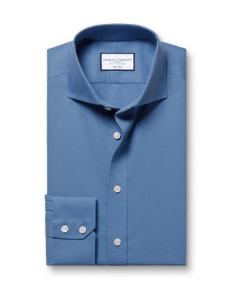 CHARLES TYRWHITT Non-Iron Stretch Poplin Cotton Shirt - Ocean Blue Single Cuff Size 15.5/34 by Charles Tyrwhitt