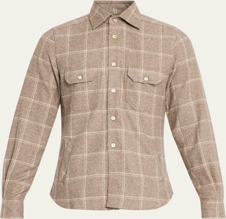 Kiton Mens Cotton Windowpane Double-Pocket Button-Down Shirt