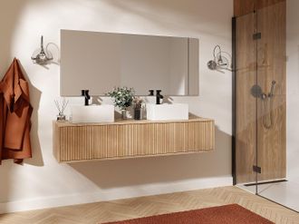 Vente-Unique Mobile per bagno sospeso scanalato con doppio lavabo - Naturale chiaro - 150 cm - ARNEGA