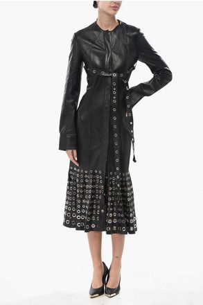 Off-white Leather Midi Dress EYELETS with Belt size 40