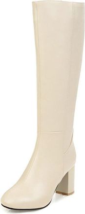 Generic Womens Knee High Boots Leather Block Heel Side Zip Versatile All Day Comfort Casual Winter Footwear,Beige,6.5 UK
