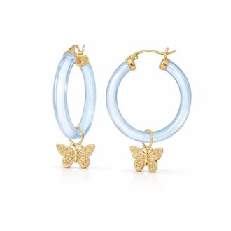 Gold & Honey Womens Butterfly Charm Lucite Hoop Earrings In Pastel Blue
