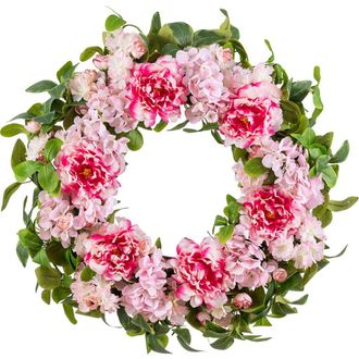 Glitzhome 24D Hydrangea Peony & Cherry Wreath with a Wreath Hanger in Pink at Nordstrom, Size Medium