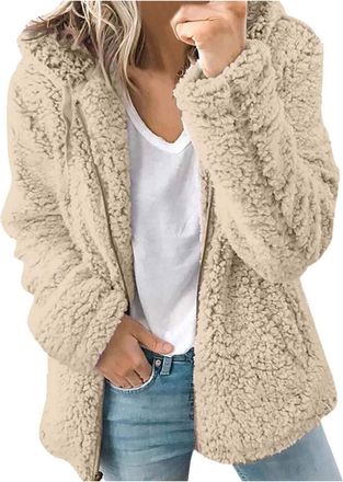 Generic ADMAY Womens Fuzzy Fleece Hooded Open Front Jacket Cardigan Coat Thick Plush Hoodie Fluffy Outcoat Zip Up Sweater Outwear Soild Color with Pockets Hoo