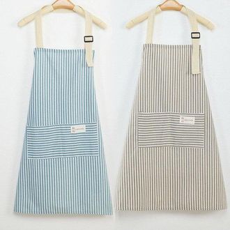No Brand Delantal Para Mujer Con Bolsillos, 2 Piezas, Rayas Azules/caf&eacute;, Delantal Ajustable De Algod&oacute;n Y Lino Para Cocina, Barbacoa, Reposter&iacute;a Y Jardiner&iacute;a