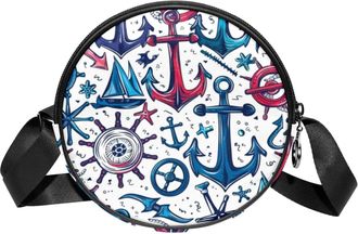 Generic Circle Crossbody Bag for Women, Anchors Handwheels Small Sling Bag Daypack with Zipper Adjustable Shoulder Straps Casual Ladies Girls Round Purse