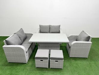 Fimous High Back Poly Rattan Garden Furniture Set w/ Reclining Chair Loveseat Sofa Adjustable Lifting Dining or Coffee Table Indoor Outdoor Patio Set