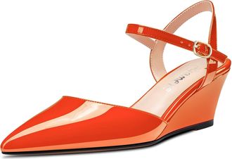 Castamere Women Mid Wedge Heel Pointed Toe Pumps Court Shoe Ankle Strap Slingback Wedding Dress Shoes Orange A 6.5 UK