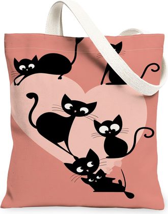 Generic Cute Cats Canvas Tote Bags, Adorable Cat Pattern Reusable Shopping Bags, Lightweight Washable Shoulder Strap Canvas for Eve, Peach, 13x15 Inch