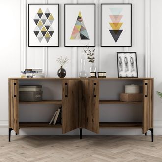 Dmora Aparador Pollein, Alacena 2 Estantes, 4 Puertas, 4 Compartimentos, 180x35x78h Cm Marr&oacute;n Nogal