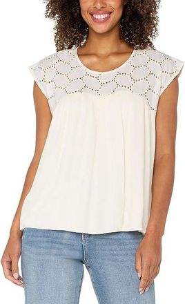 Liverpool L.A. Short Sleeve Dolman Boat Neck Woven Blouse W Embroidery Womens Clothing Vanilla Eyelet : LG, Cotton