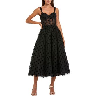 Mac Duggal Petite Polka Dot Net Bustier A-Line Midi Dress in Black at Nordstrom, Size 14P