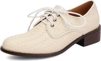 Generic Womens Round Toe Braided Lace Up Loafers Low Heel Retro British Style Casual Lightweight Oxford Shoes (7.5,Beige)