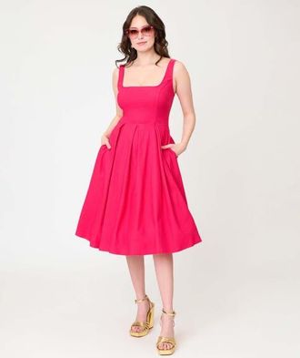 Unique Vintage Square Neck Pleated Swing Dress in Pink Solid at Nordstrom, Size X-Small
