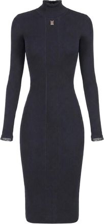 Elisabetta Franchi Gebreide midi-jurk met logodetail - Dames - Kleedjes - Blauw - M - Leer - Kleedjes