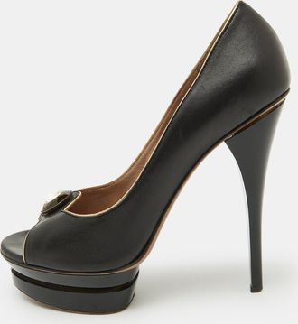 Versace Black Leather Crystal Peep Toe Platform Pumps