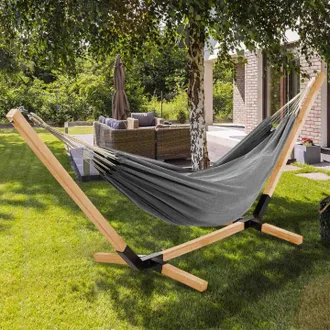IDMarket Hamaca Con Soporte De Madera Y Lona Gris Antracita Tahiti
