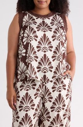 T Tahari Eyelet Trim Shell in Ivory/Brown Fan Print at Nordstrom Rack, Size 3 X