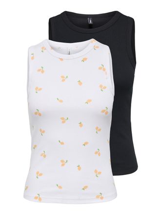 Only Shirttop ONLY ONLSALLY TANK TOP 2 PACK AOP CS JRS, Damen, Gr. XL, schwarz pack:wei&szlig; with lemon, Jersey, Obermaterial: 95% Baumwolle, 5% Elasthan, bedr