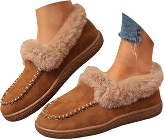 Generic Womens Winter Loafer Warm Fleece Lining Anti-Slip Ankle Snow Boots Slip On Casual Shoes Outdoor Plush Short Booties Fuzzy Loafers Fashion Low Top Flat