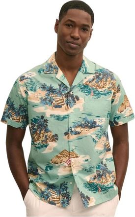 Brooks Brothers Island Print Cotton Camp Shirt - Heren - Korte mouwen Overhemden - Blauw - M - Katoen - Overhemden