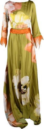 Mischalis Olive Green Feathered Polyester Women Long Dress