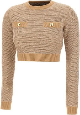 Elisabetta Franchi Gebreide top met pailletten - Dames - Ronde hals truien - Geel - S - Pailletten - Truien & Vesten