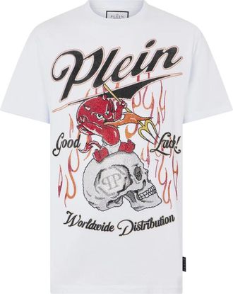 Philipp Plein Tops, Heren, Wit, 4Xl, Katoen, Rondhals T-shirt Little Devil Crystal