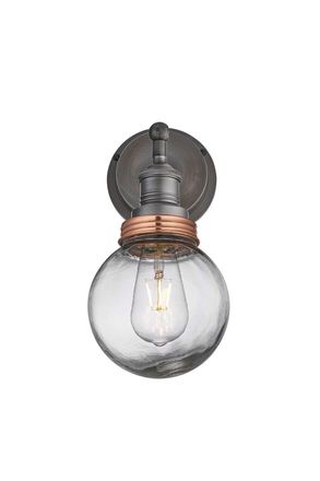 Industville Brooklyn Outdoor & Bathroom Wall Light, Pewter Holder, Copper Ring, Globe Glass