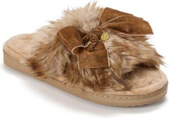 Dearfoams Bianca Pile Slide Slipper with Bow in Natural at Nordstrom, Size X-Large