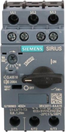 SIEMENS Interruptor Autom&aacute;tico, S00, Protecci&oacute;n De Motor, Clase 10, Disp. A 10-16a, Disp. N 208a, 3rv20114aa15