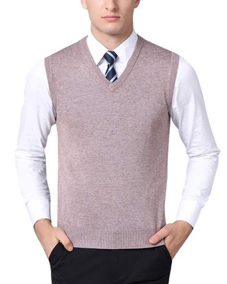 Yonglan Mens Plain Knitted Vest Jumper V-Neck Sleeveless Slipover Knitwear Sweater Tank Tops Light Camel XXL