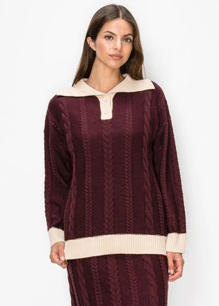 YAL New York Burgundy Cable Knit Sweater with Cream Collar