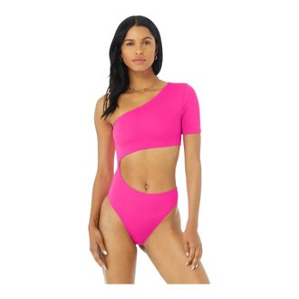 Alo Yoga Body Wave Cutout One Shoulder One Piece Bodysuit in Neon Pink Women