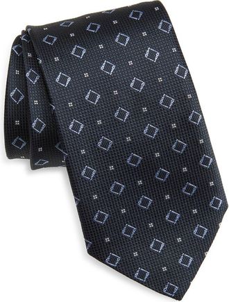 BOSS Geometric Pattern Silk Tie in Dark Blue at Nordstrom