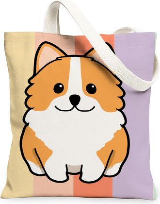 Generic Corgi Canvas Tote Bags, Cute Animal Design Reusable Grocery Bags, Summer Lightweight Washable Shoulder Strap Canvas for Tra, Multicolor, 13x15 Inch