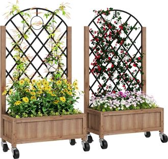 OUTSUNNY Pack of 2 Wooden Raised Bed - Outdoor Planter Box w/ Metal Trellis | TJ Hughes