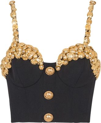 Balmain gold-button embellished top - women - Wool - 38 - Black